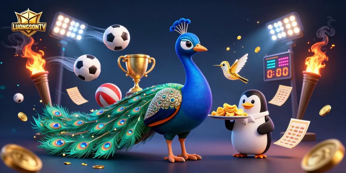 LUONGSONTV showcases dynamic sports betting with peacock and penguin in a vibrant 3D scene.