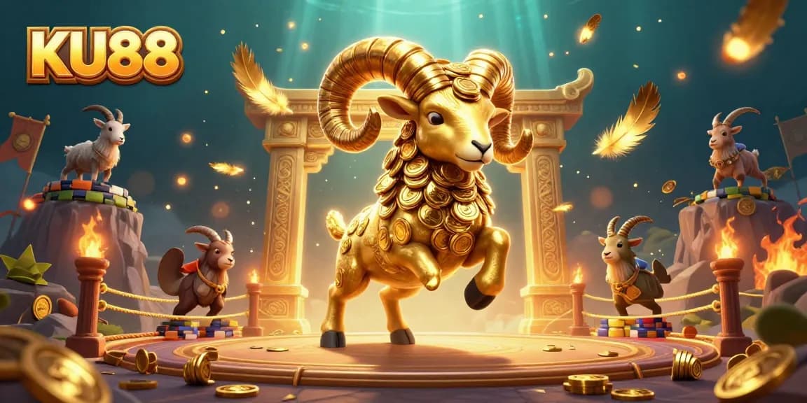 Experience the thrilling KU88 online casino with a dynamic golden ram symbolizing epic wins and adventure.