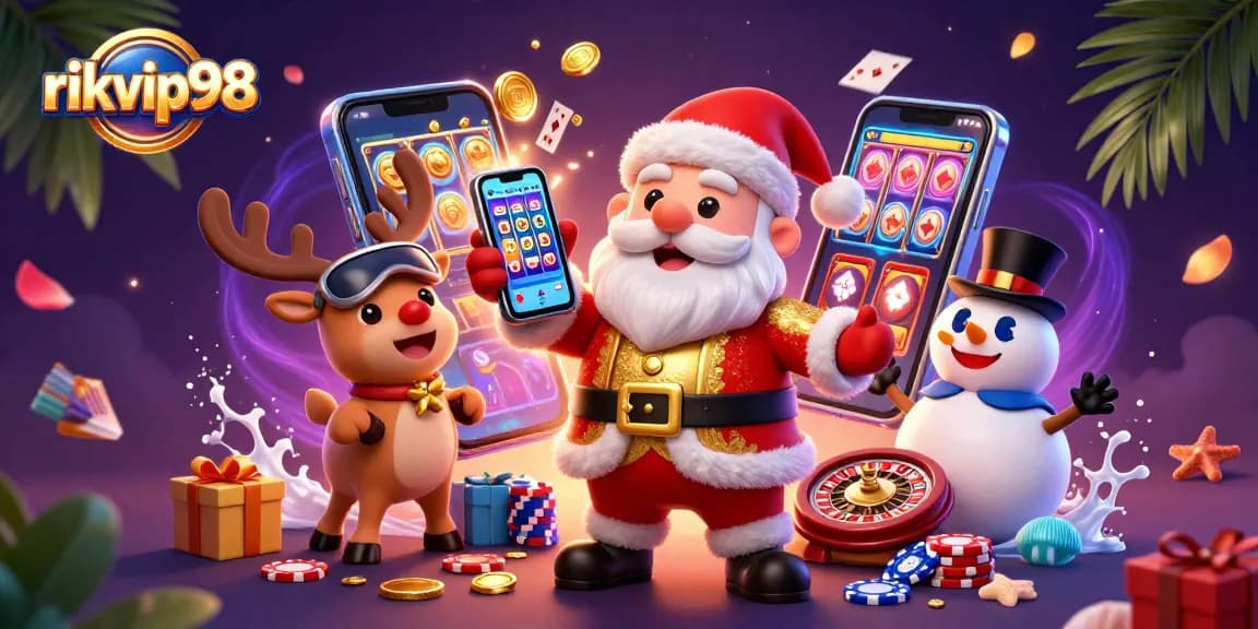 Experience thrilling wins at rikvip98 with Santa Claus in a vibrant casino scene filled with jackpots and festive elements.