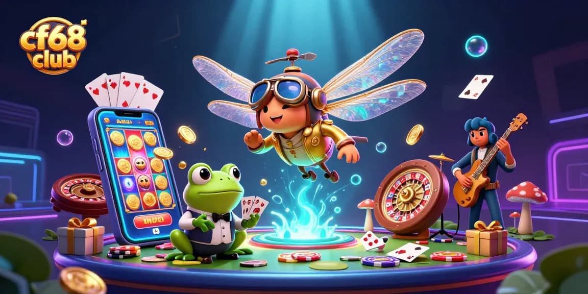 cf68 club offers an exciting scene with a dragonfly pilot, frog croupier, and jazz musicians at a vibrant casino