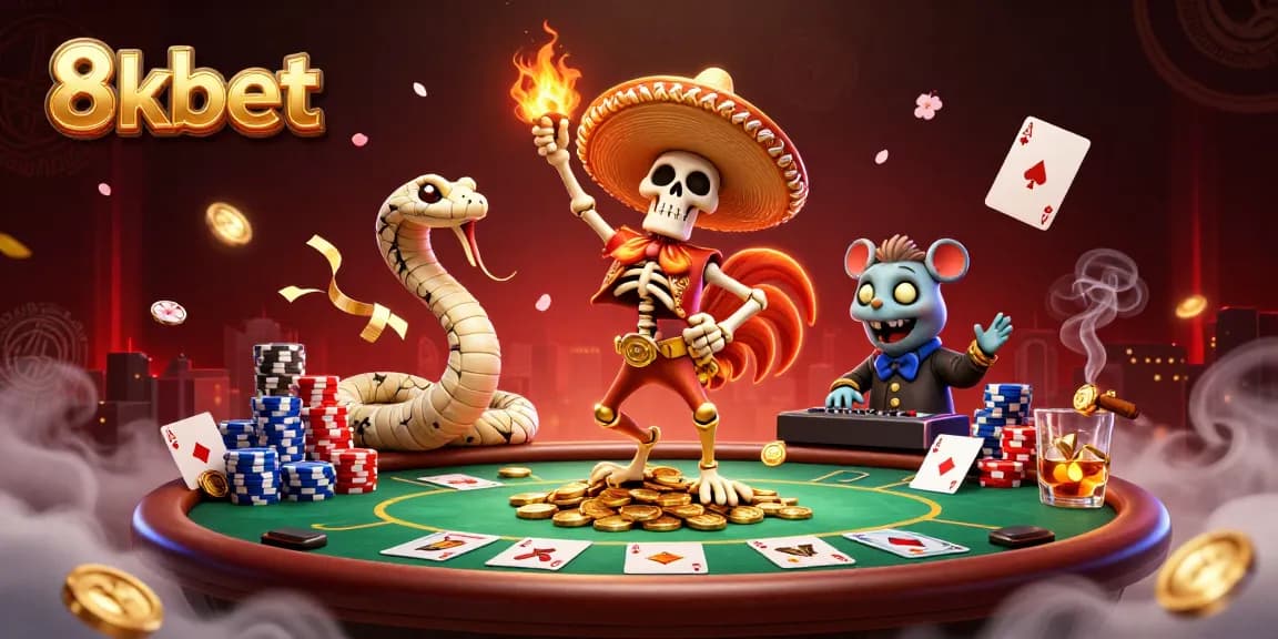 Engage with 8xbet's vibrant casino scene featuring animated characters and rich gambling elements.