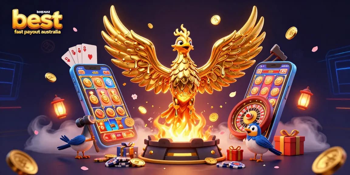 Engage at the best online casino fast payout Australia with a golden phoenix, coins, and slot games.