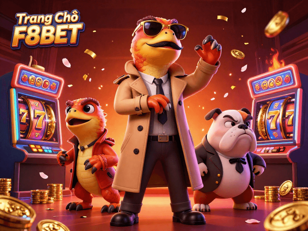 Experience excitement at Trang Chủ F8BET with raptors in a trench coat at a vibrant casino scene.