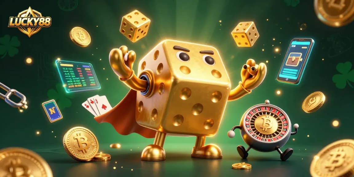 LUCKY88 players engaging with golden dice and crypto elements in a vibrant casino setting