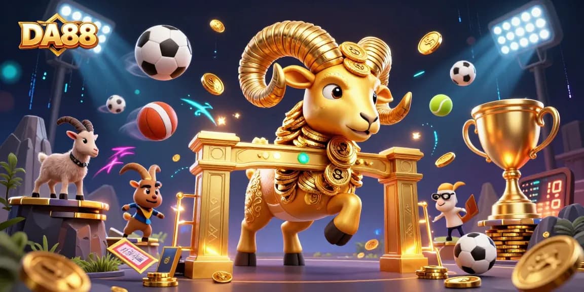 DA88 golden ram charges in a vibrant casino scene filled with sports elements, showcasing thrilling action.