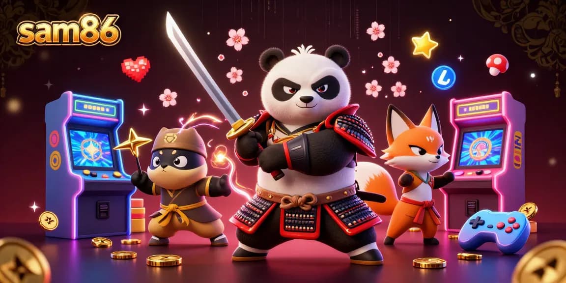 Engage with sam86's dynamic gaming realm through a vibrant 3D illustration filled with action and excitement.
