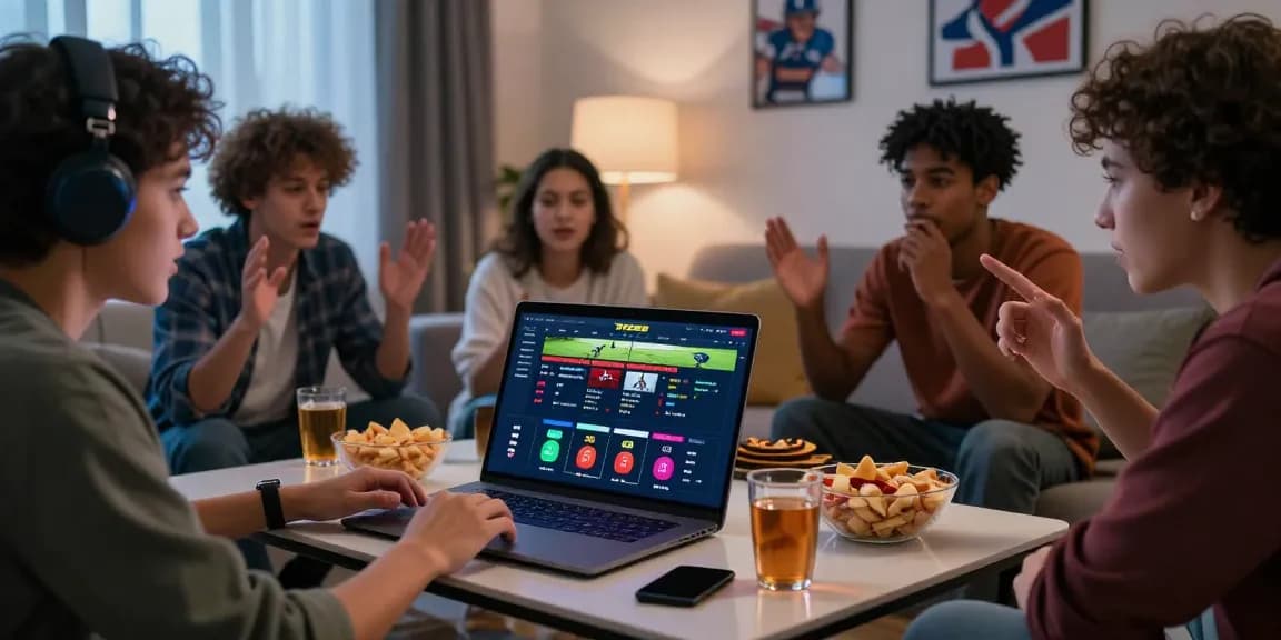 Engaged group of friends placing bets on TK999 in a cozy living room.