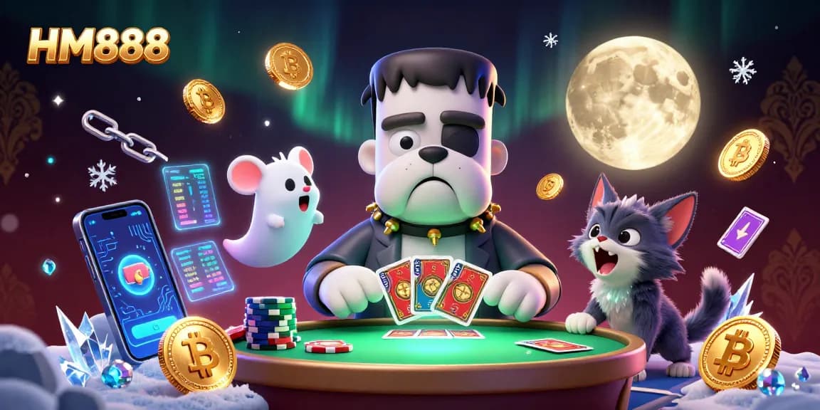Engage with HM888 at a lively casino table featuring unique characters and crypto-themed elements.