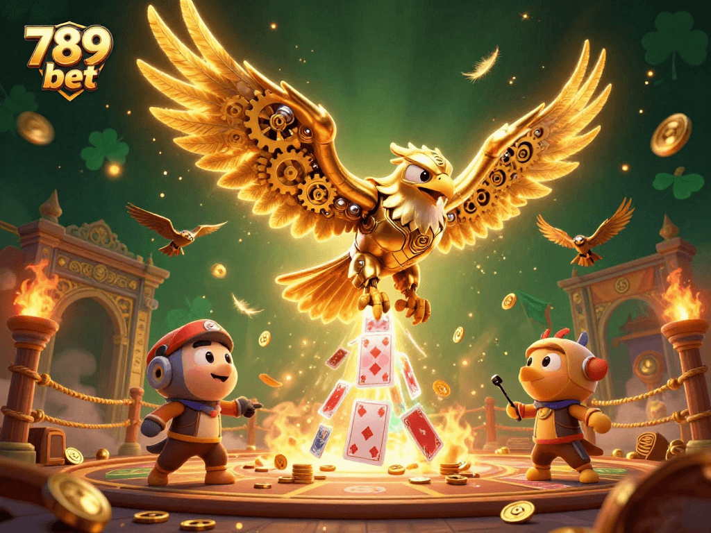 Engage in the excitement of 789 bet with a dynamic scene of a golden eagle and holographic cards.