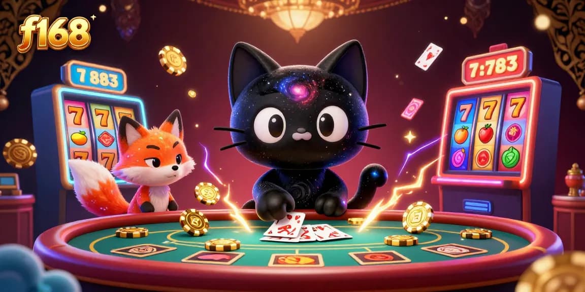 Experience the excitement of f168 with a cosmic casino scene featuring a black hole cat pulling in chips and cards.