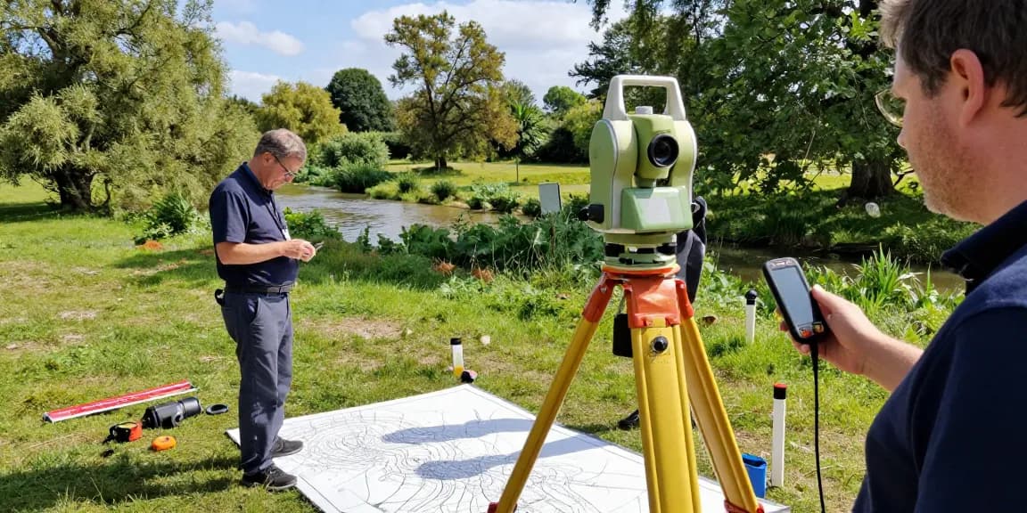 Topographical Land Surveys Sussex team measuring land features with precision tools in natural setting.