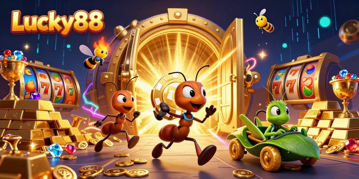 Engage with Lucky88 in a thrilling heist scene with cartoon ants stealing a giant poker chip.