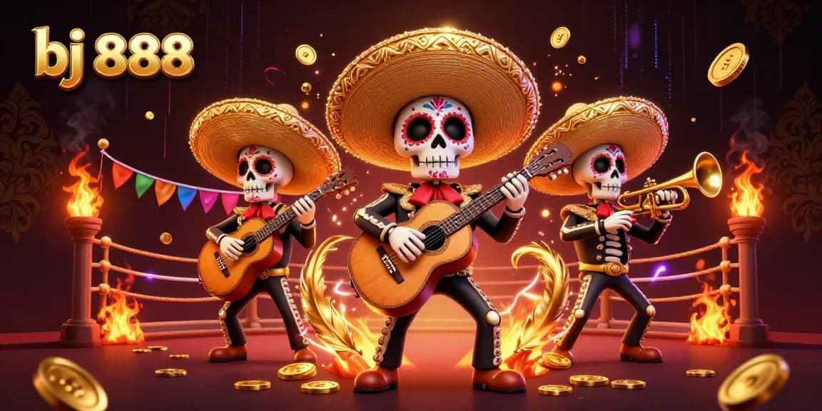 Experience exciting gameplay at bj 888 with a rich 3D illustration of a mariachi band in a casino setting.
