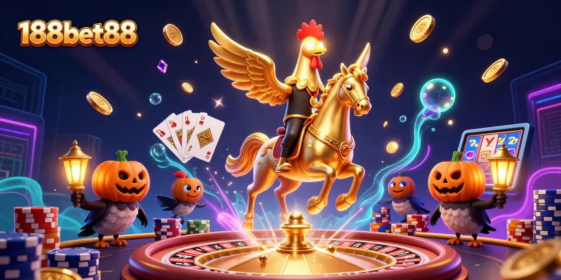 Experience the excitement of 188bet88 with a vibrant 3D casino scene featuring a golden rooster and treasure.