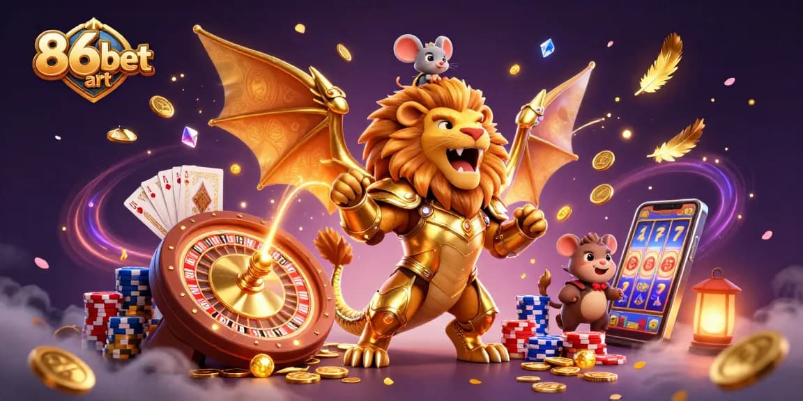 Engage with 86bet art in an exciting 3D casino scene featuring a chimera and mouse jockey amidst dynamic gambling elements.