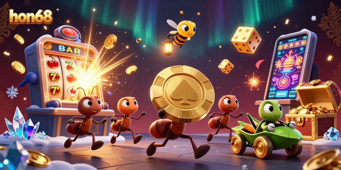 hon68's animated heist scene with ants, poker chips, and vibrant casino elements bursting with excitement.