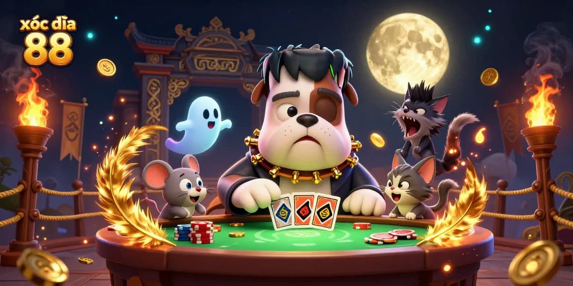 Xóc đĩa 88 game scene showcasing a whimsical bulldog dealer, ghost player, and kitten in a rich casino environment.