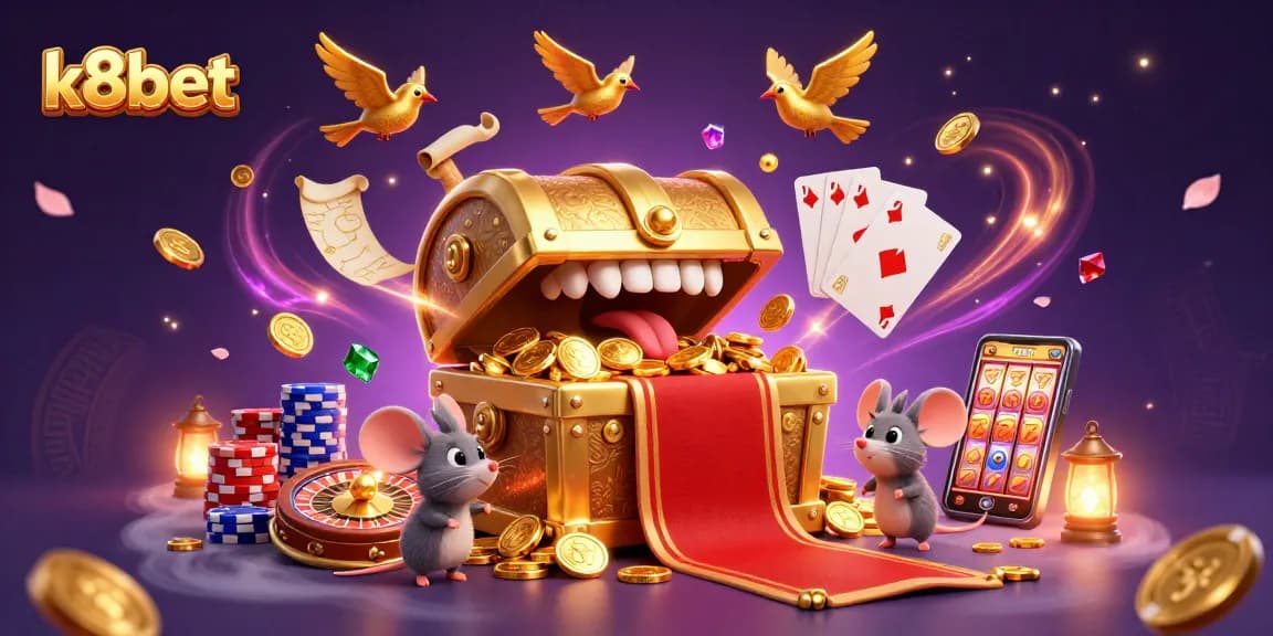 Experience the thrill of k8bet with an exciting treasure chest scene filled with casino elements.