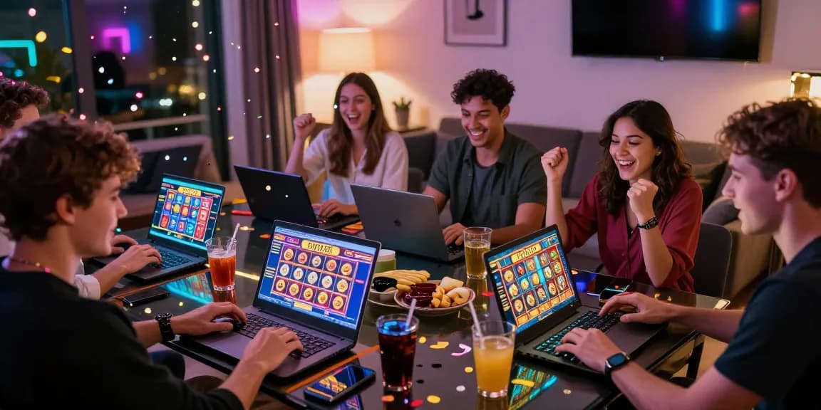 Players celebrating wins with free spins on registration UK at modern home setup, showcasing excitement and community.
