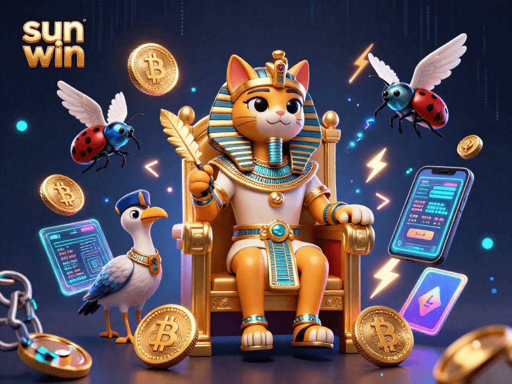 Engage with the sun win theme featuring an Egyptian pharaoh cat casino scene with crypto elements.