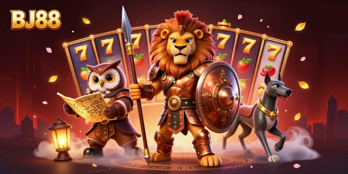 BJ88 enhances your game with an energetic 3D slot gaming scene featuring a Spartan lion and strategic characters.