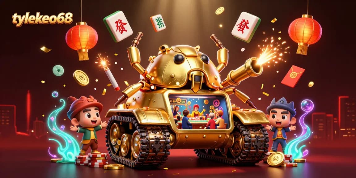 This vibrant scene depicts the "tylekeo68" casino experience, showcasing a golden beetle tank revealing a miniature casino filled with excitement and vibrant elements.