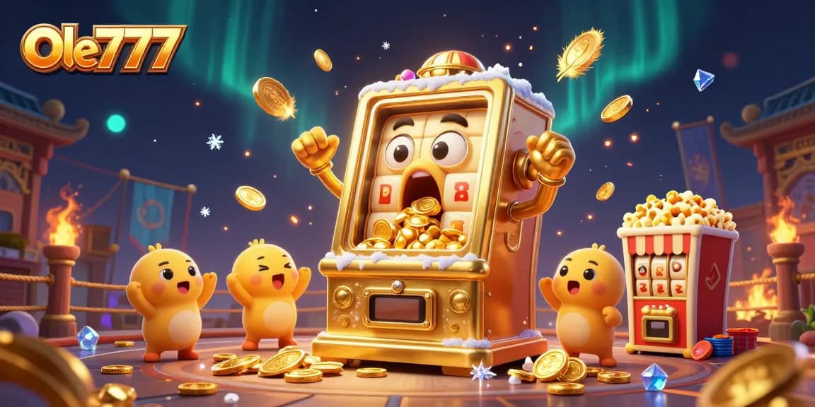 Experience excitement at Ole777 as golden slot machines hit jackpots and coins cascade.