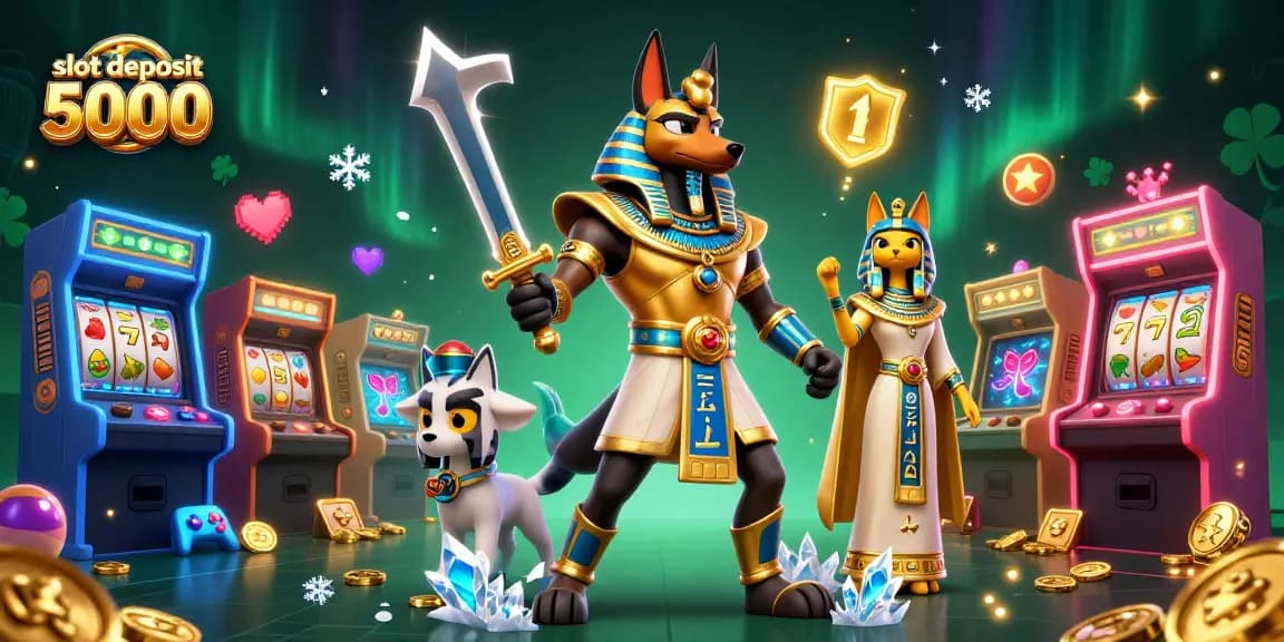 Experience slot deposit 5000 with Anubis and Bastet amidst vibrant slot gaming elements.