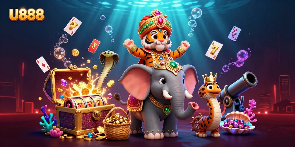 Play big at U888 with vibrant 3D tiger and jewel-encrusted elephant in a dynamic casino scene.