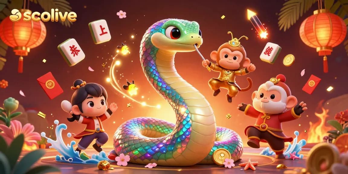 Socolive showcases vibrant betting energy with a whimsical serpent and playful monkey king, bursting with dynamic gaming elements.