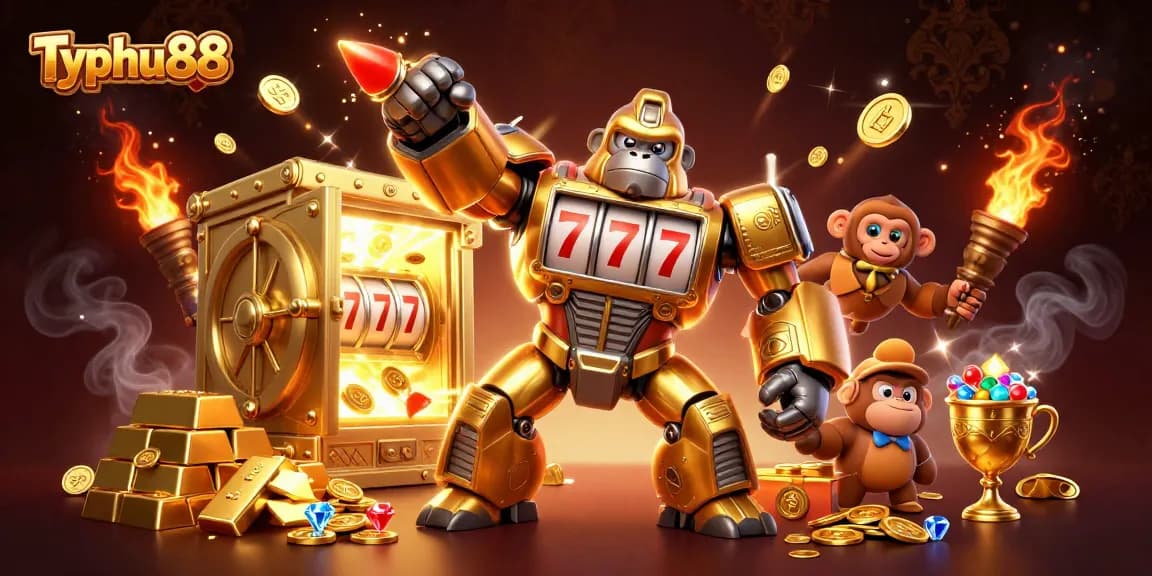 Typhu88 games explode with excitement as a golden gorilla mech bursts through riches, showcasing winning potential.
