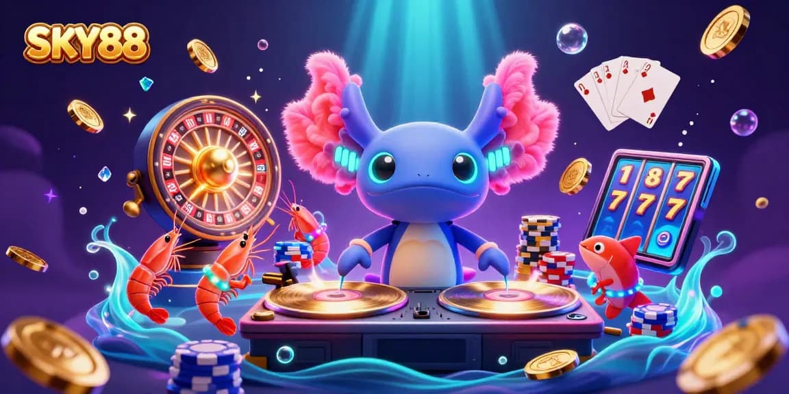 Witness SKY88's vibrant casino scene featuring a neon axolotl DJ and glowing gems.