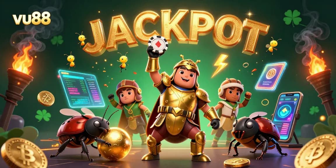 vu88 brings excitement with a 3D illustration featuring a victorious beetle, crypto coins, and dynamic jackpot elements.