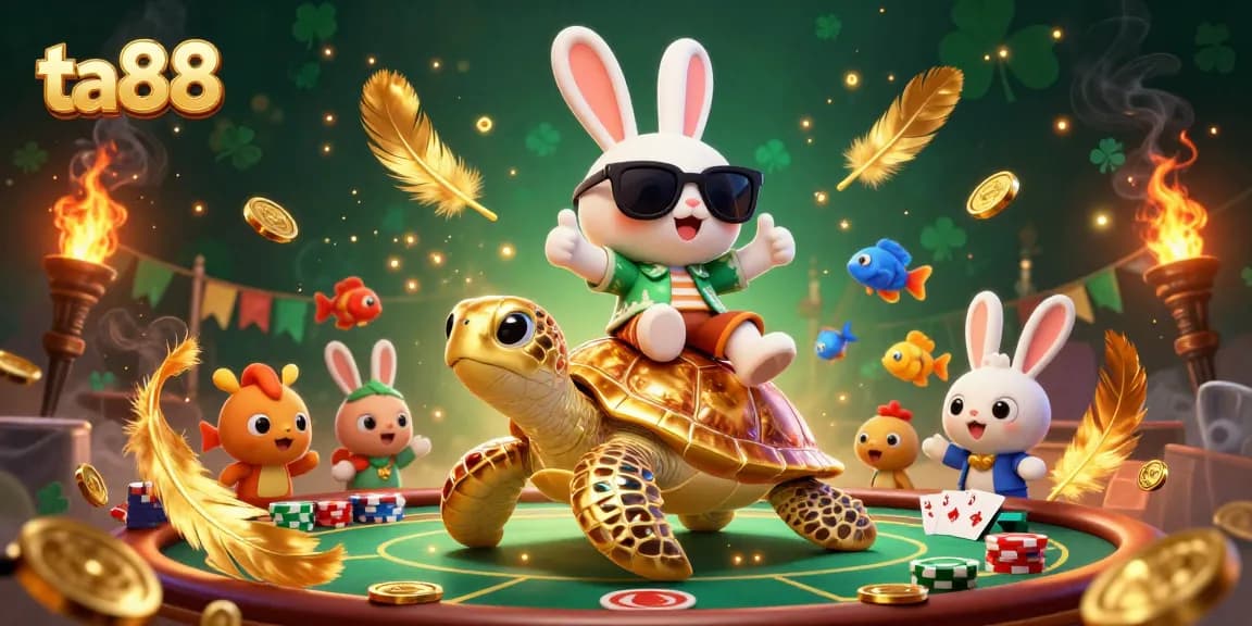 Play exciting casino games like ta88 with a lucky rabbit and golden turtle in vibrant action.