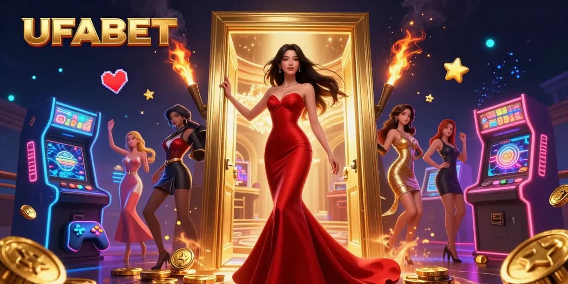 Spin the reels at UFABET in this stunning casino scene featuring vibrant gaming elements and luxurious ambiance.