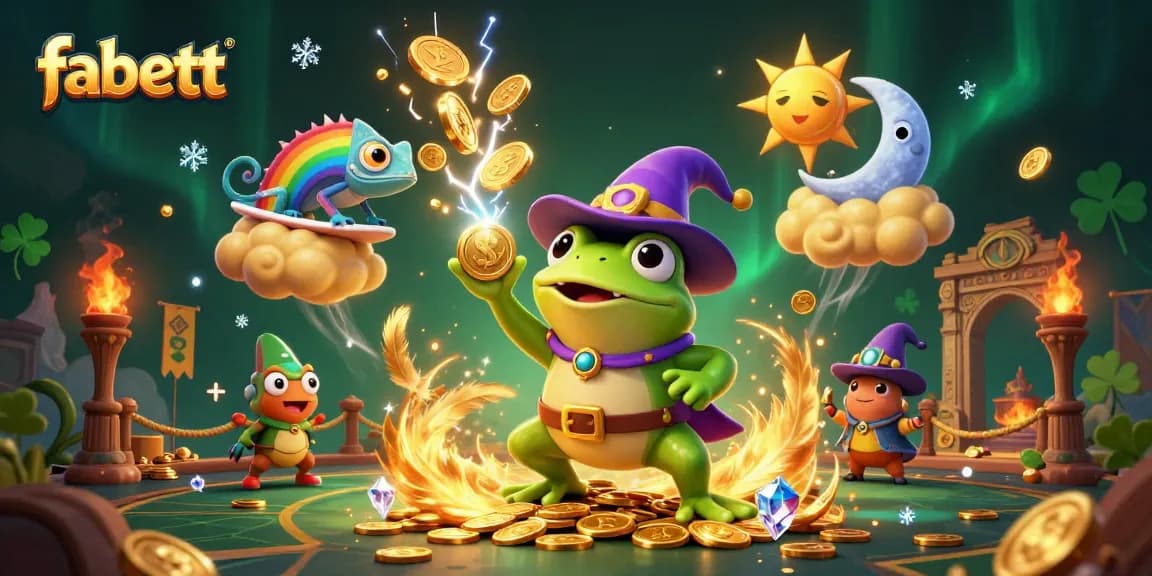 fabett ushers in a vibrant casino atmosphere with a wizard frog and chameleon, celebrating wins amidst coins