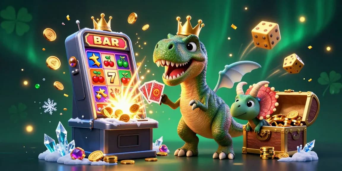Experience the thrill of FIVE88 with T-Rex card shuffling, golden chips, and a vibrant casino setting.