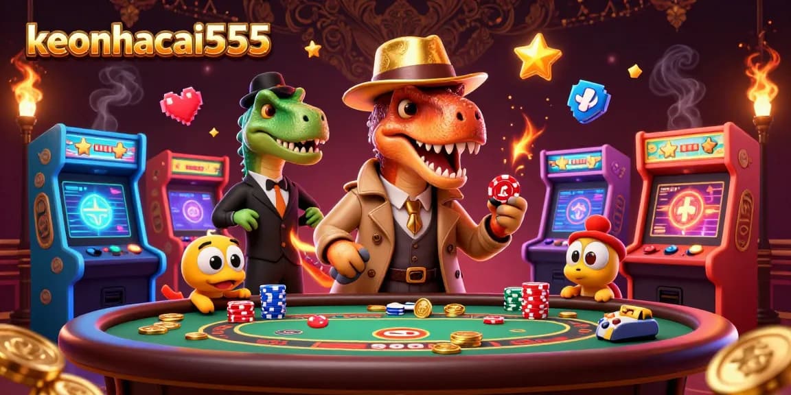 Experience thrilling action at keonhacai555 with 3D cartoon dinosaurs in a dynamic casino scene.