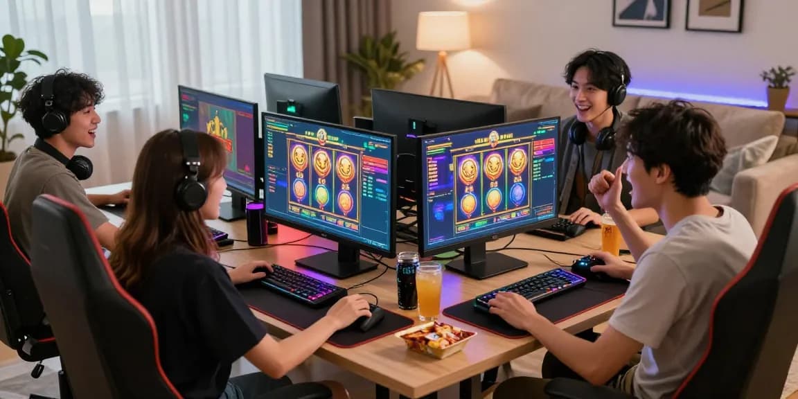 Excited players enjoying situs slot deposit 10 ribu at home with vibrant gaming setup.