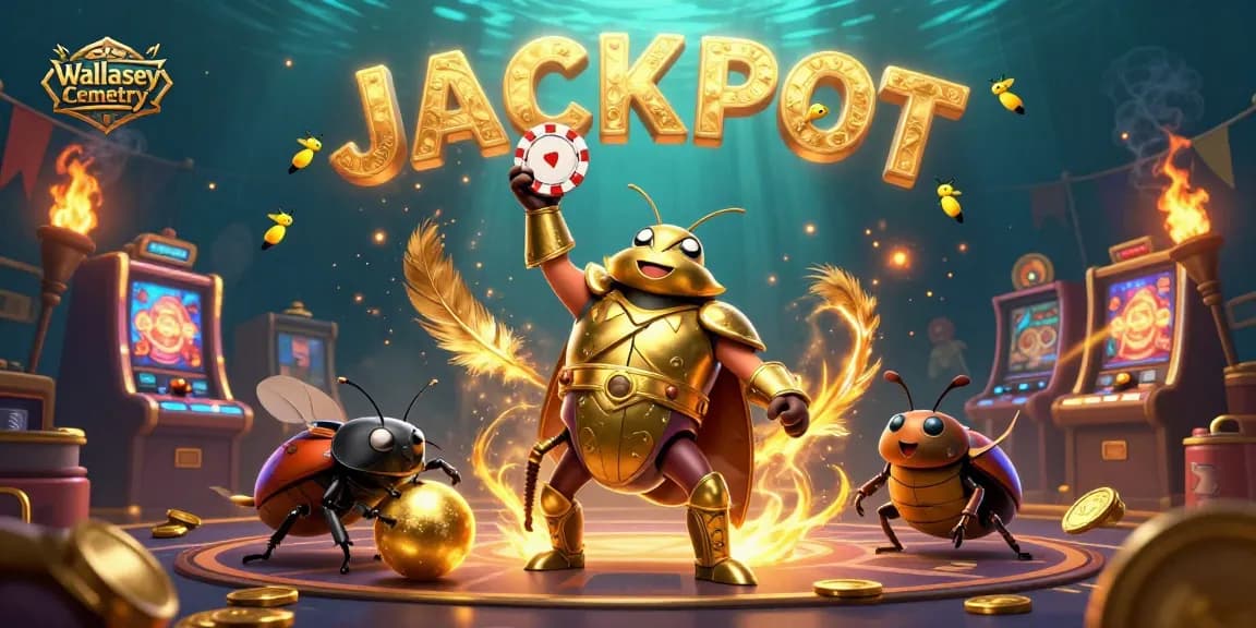 Experience big wins at Wallasey Cemetery in this vibrant casino scene with a hercules beetle champing a jackpot.