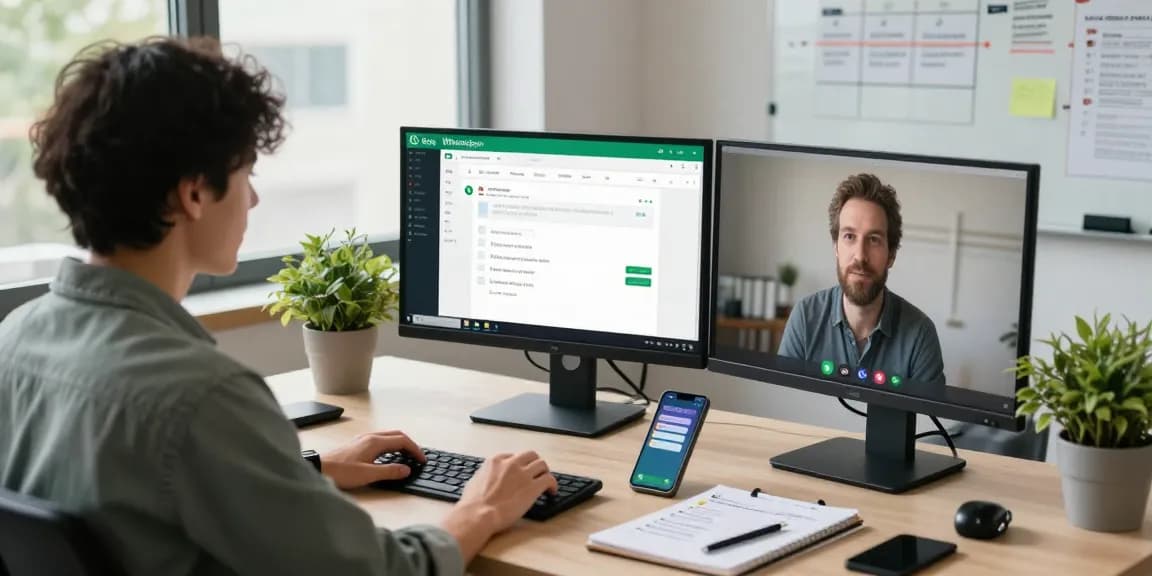 Person using WhatsApp電腦版 in a modern office setting with dual monitors and vibrant workspace.
