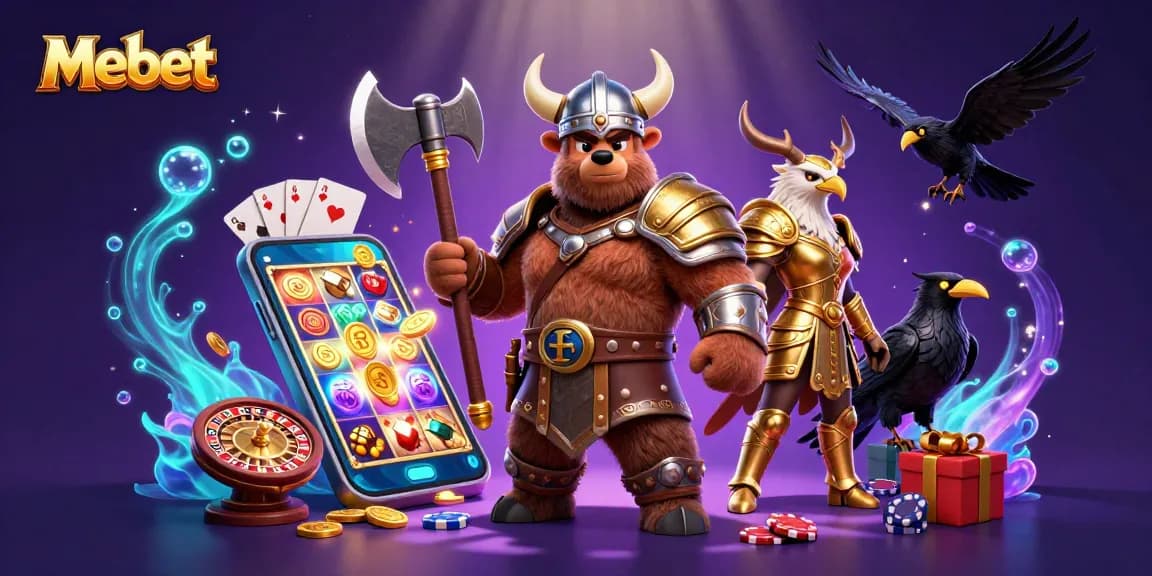 Engage with thrilling Mebet gaming action featuring a Viking berserker and Valkyrie amidst vibrant casino elements.
