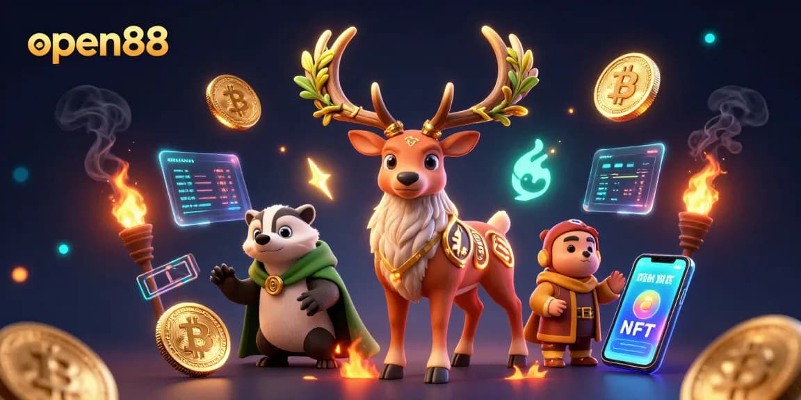 Play slots with open88 featuring a Celtic druid stag and a wise badger amidst floating digital coins.