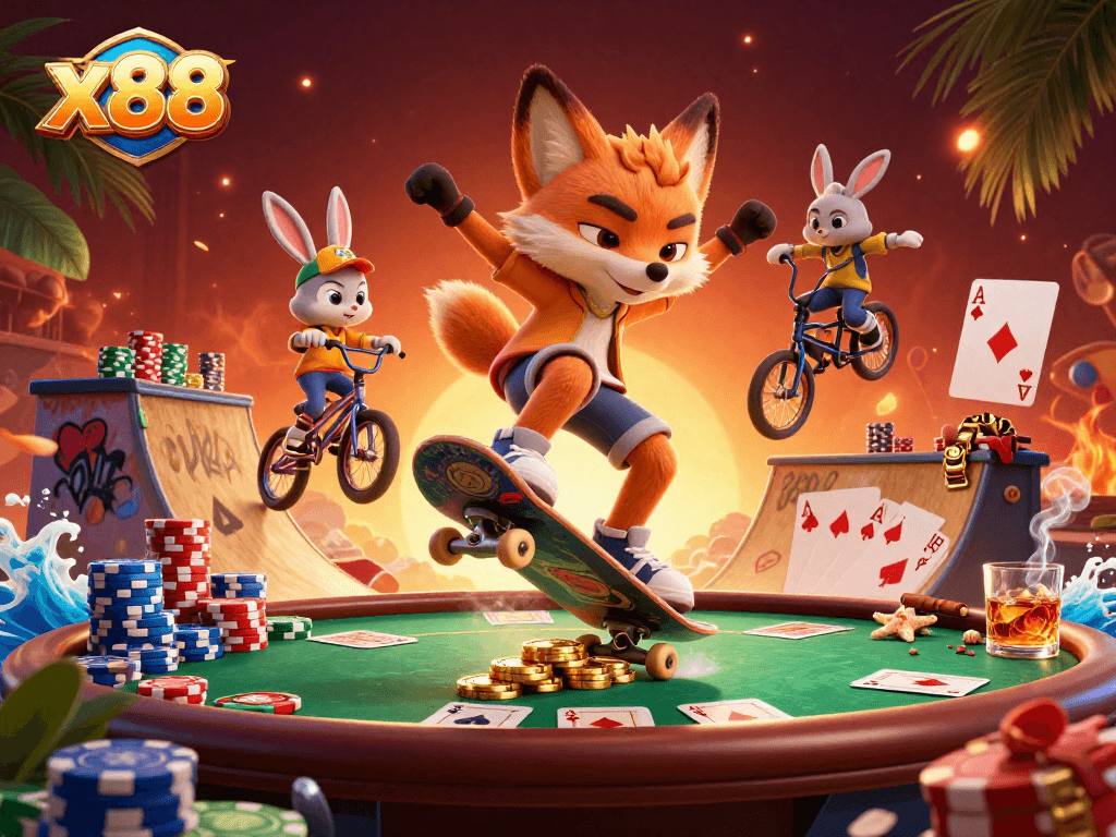 Experience thrilling gameplay with x88 in this vibrant 3D illustration showcasing a lively casino atmosphere.