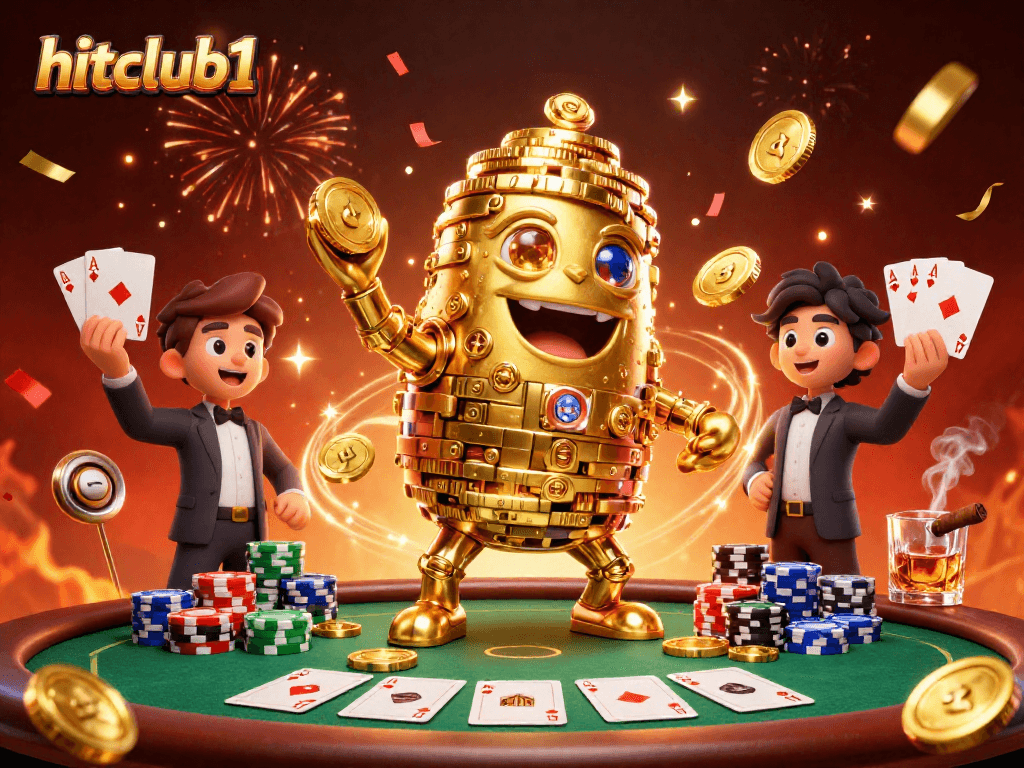 Join the excitement at hitclub1 with a vibrant poker scene featuring a golden golem and festive elements.