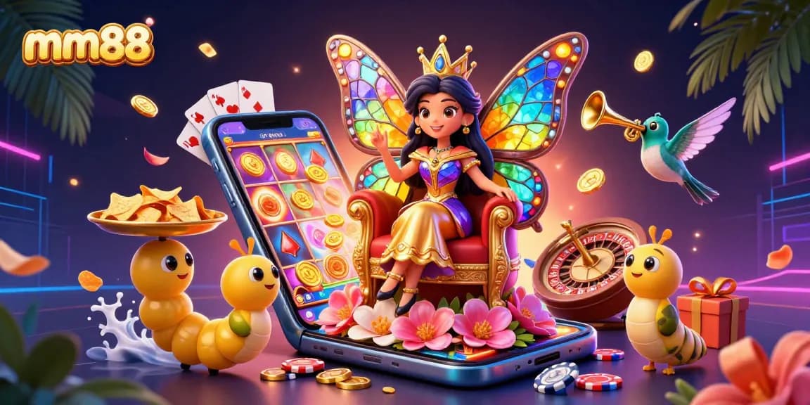 Play exciting casino games with mm88 as colorful slot reels, poker chips, and a vibrant butterfly queen fill the scene.