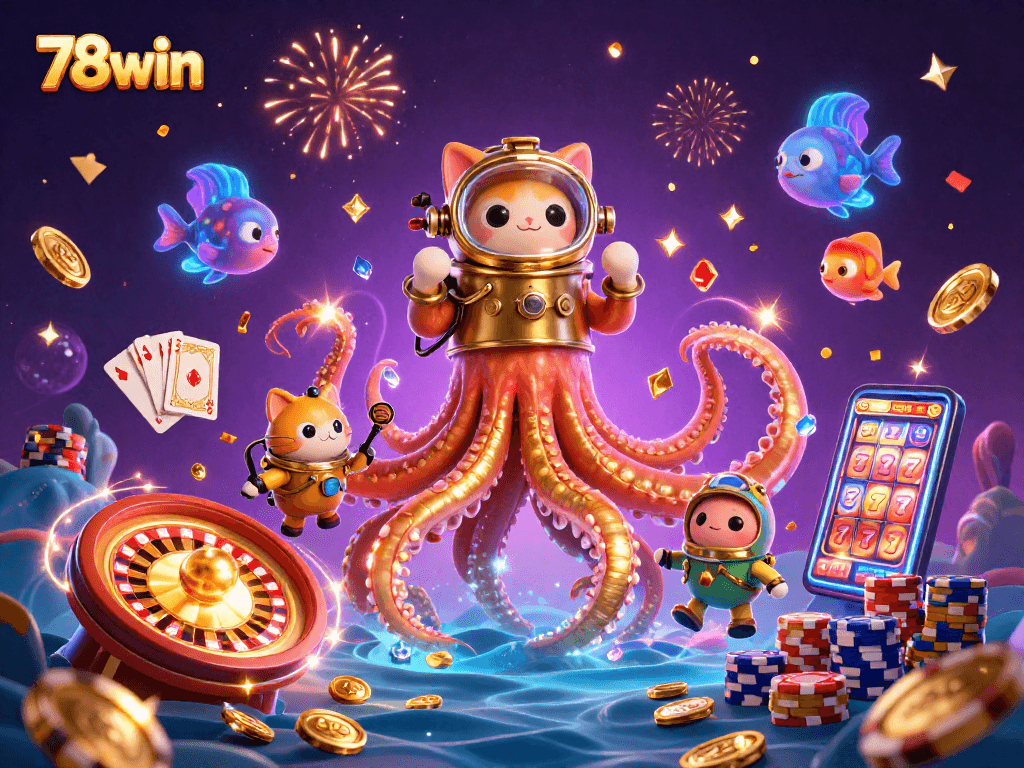 Experience exciting wins with 78win's vibrant treasure-filled casino adventure illustration.