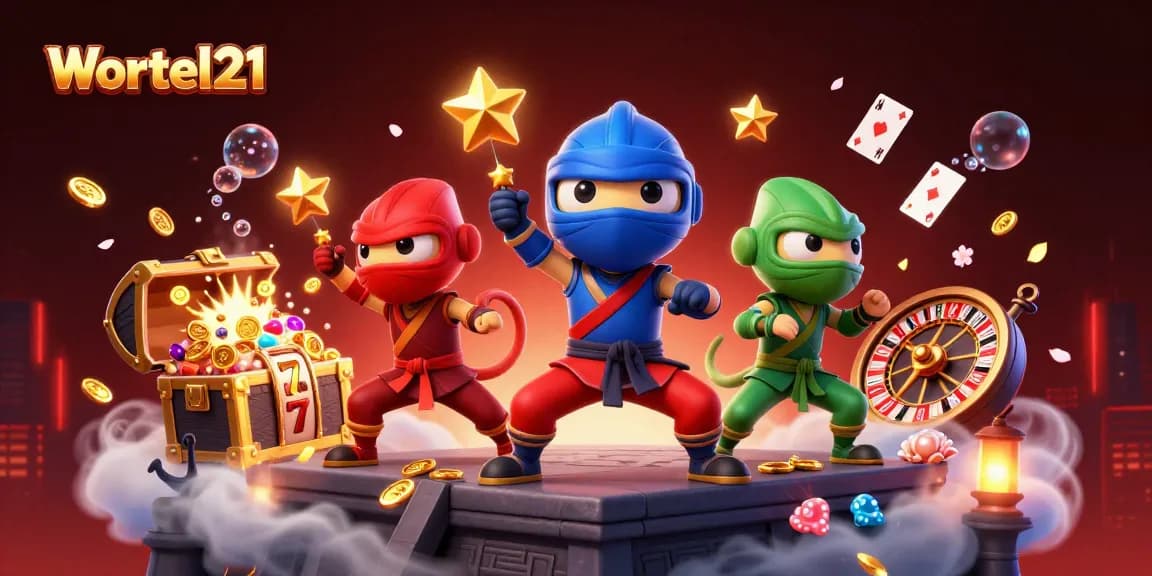 Win with Wortel21's casino excitement featuring dynamic chameleon ninjas and vibrant gaming elements.