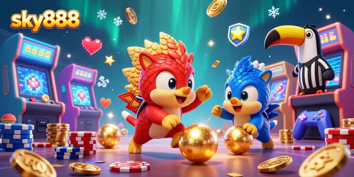 Engage with the exciting sky888 casino gaming scene featuring rival pangolins and vibrant arcade elements.