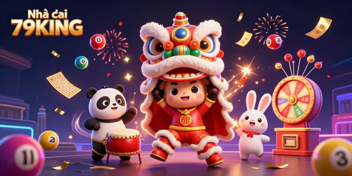 Engage with Nhà cái 79KING in a vibrant 3D casino scene filled with lottery excitement and festive characters.